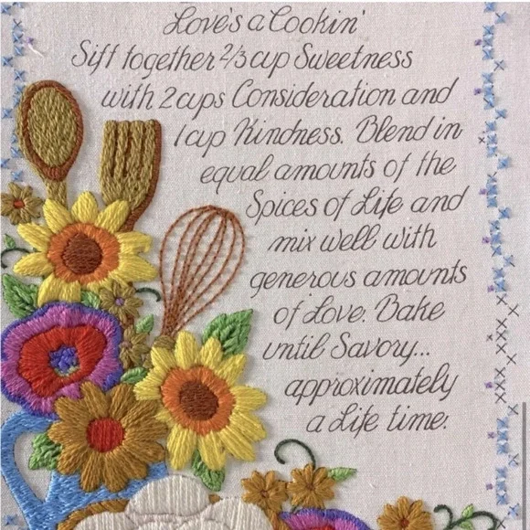 Vintage Handmade Love’s A Cookin’  Recipe Framed Embroidery Art - Picture 8 of 10